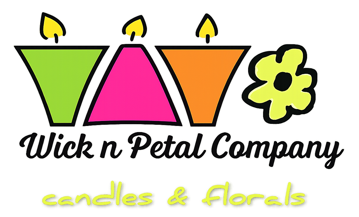 Logo for Wick n Petal Company with colorful candles, a flower, and “candles & florals” text