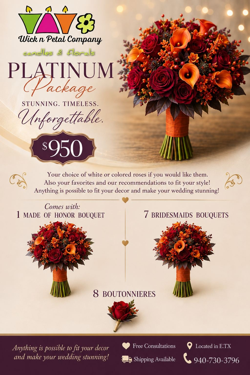 Floral bouquet ad with orange-red autumn arrangement, gold vase, and price $950 on beige background