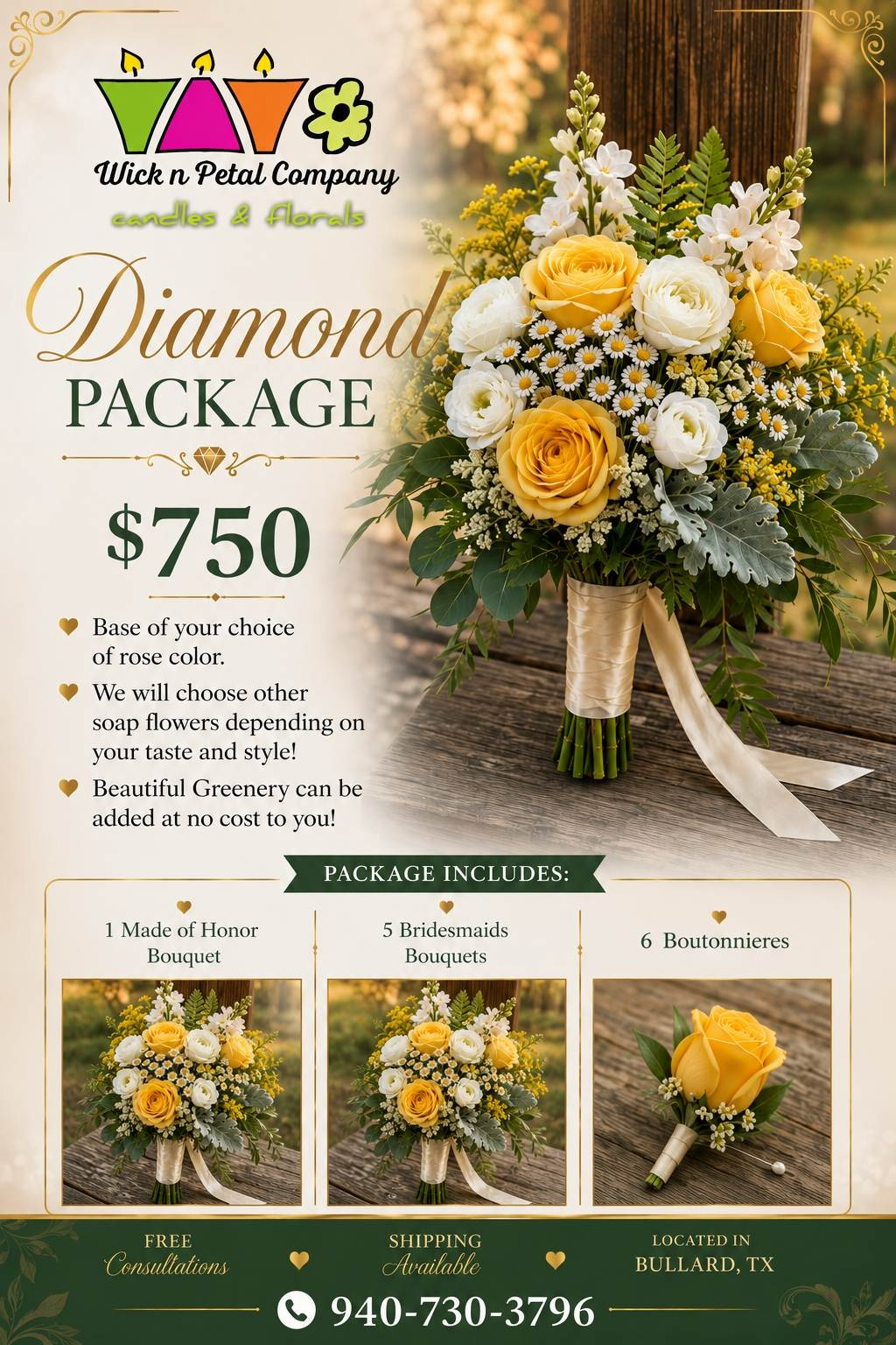 Flower arrangement ad for diamond package, $750, featuring yellow and white bouquet and delivery details