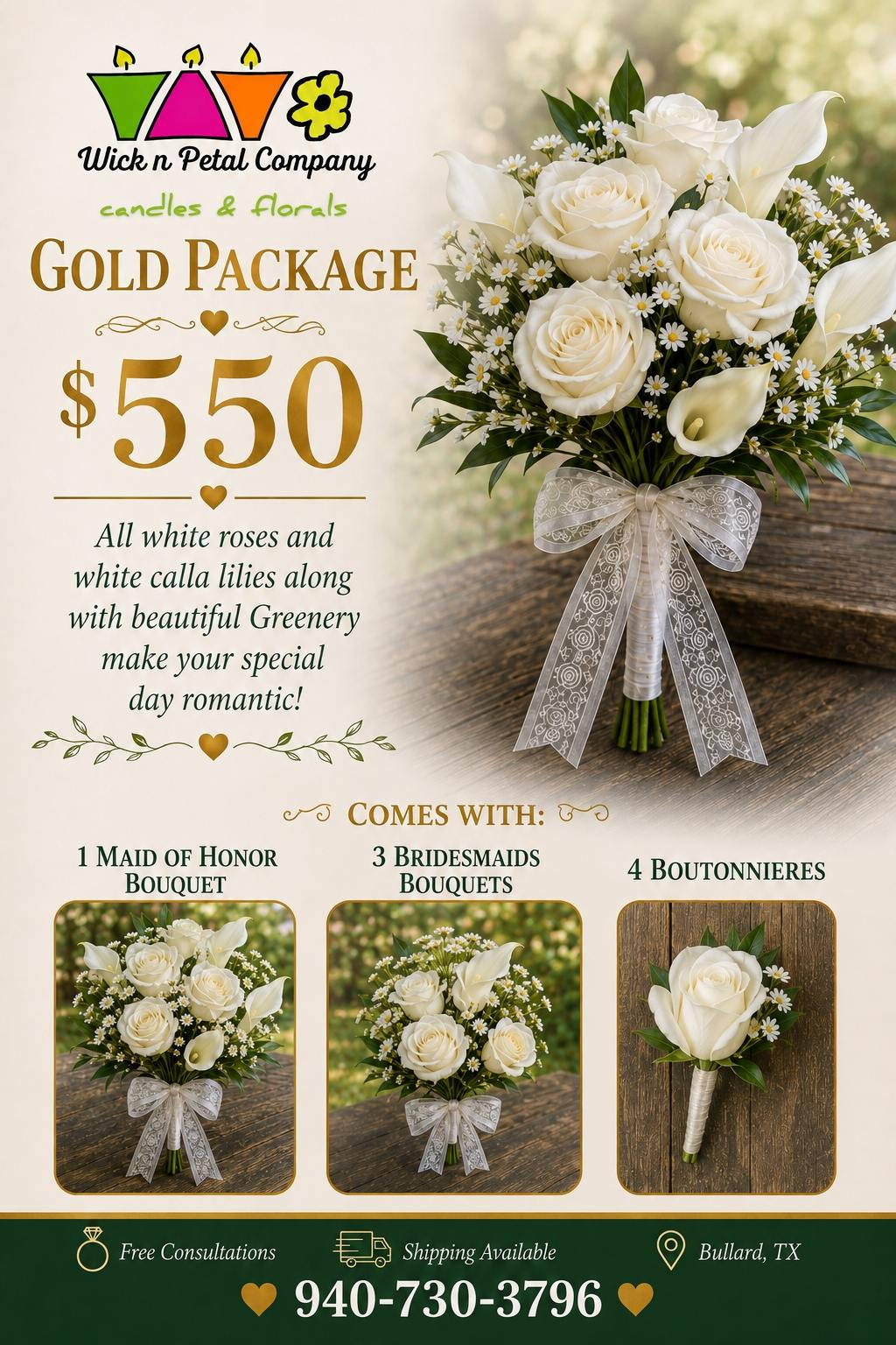 White rose wedding bouquet package ad with gold text, $550 price, and floral arrangement photos on a beige background
