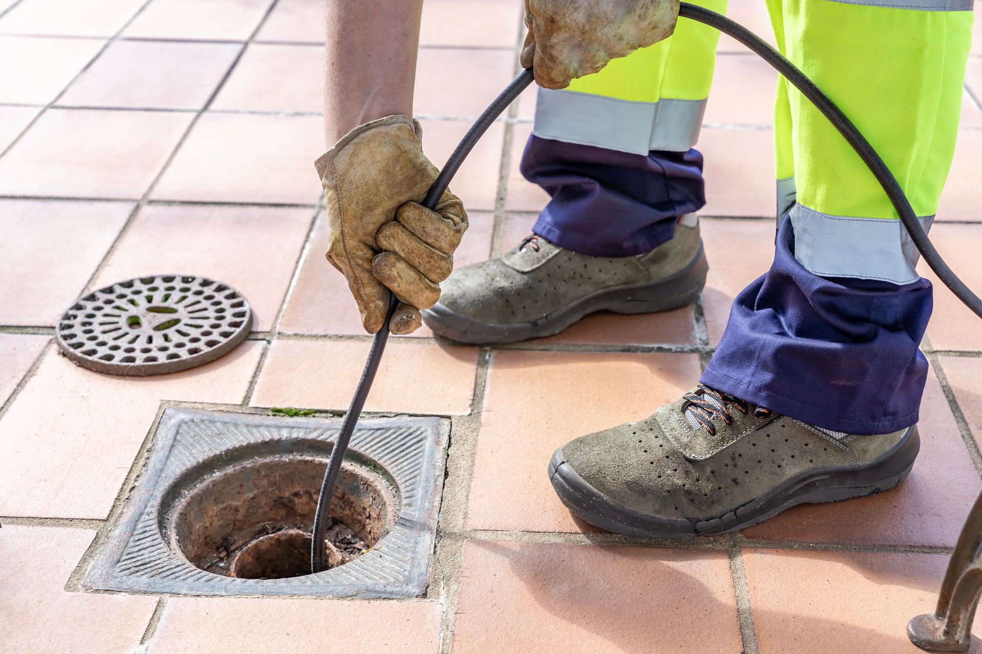 Worker using a drain snake to clear a clogged outdoor drain on a tiled sidewalk