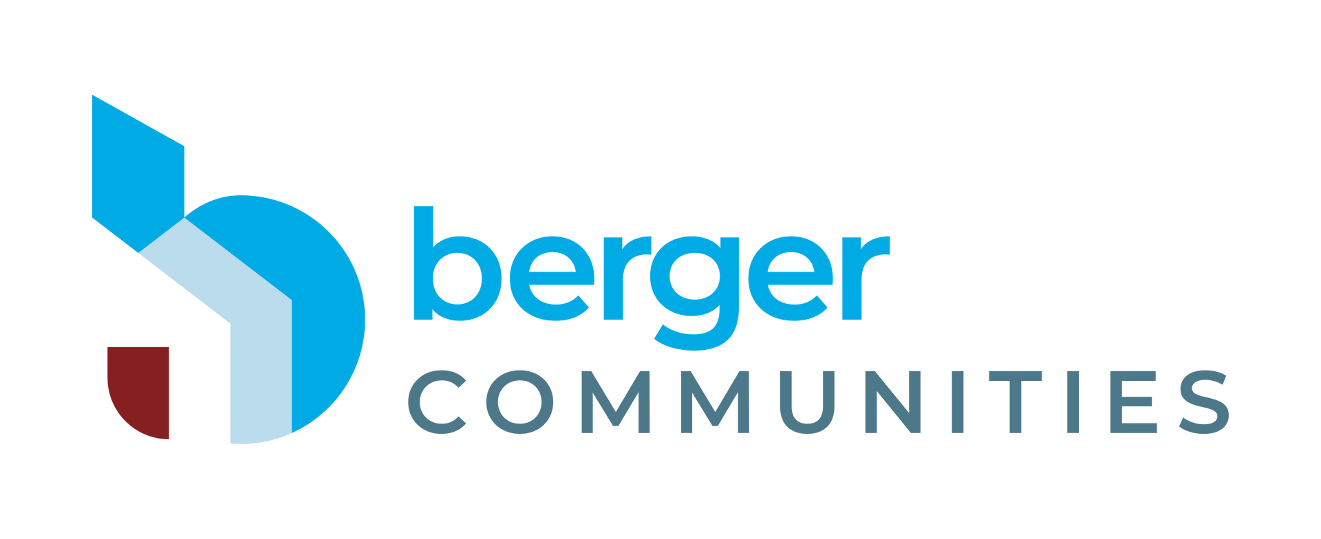 Logo for Berger Communities, featuring a stylized blue and dark red letter 