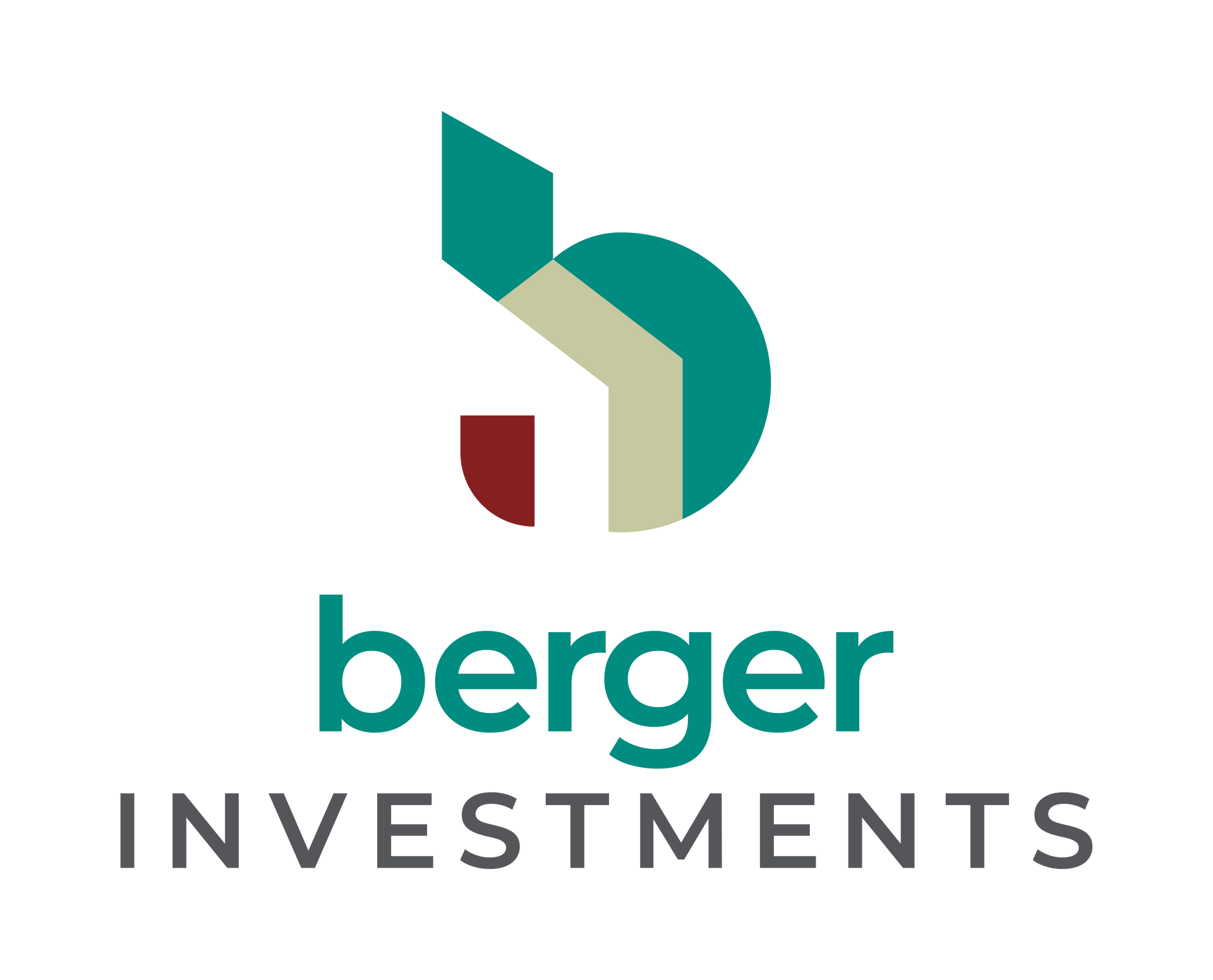 Company logo for Berger Investments: a teal, beige, and maroon abstract letter B next to the brand name in dark grey.
