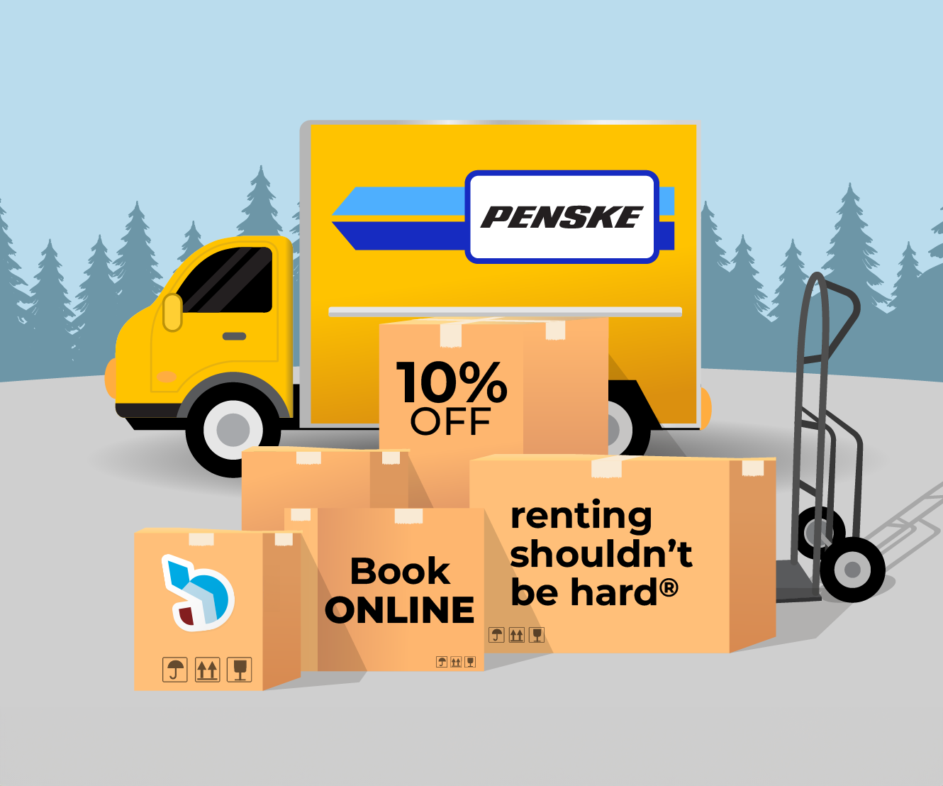 Penske moving truck with boxes offering 10% off online bookings. Includes a hand truck and pine trees in the background.