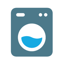 Washing machine icon with white circle and blue water fill.