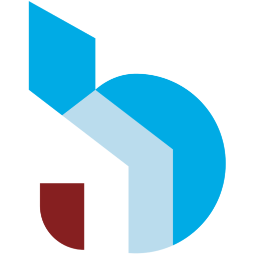 Geometric logo: blue, light blue, white, and maroon shapes form a stylized letter 