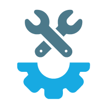 Blue crossed wrenches above a blue gear.
