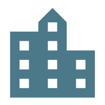 Blue building icon with multiple windows and a pointed roof.