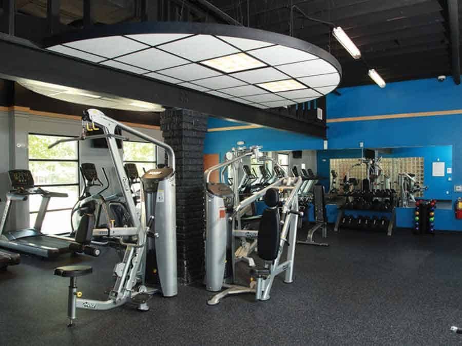 Gym interior with exercise equipment, including treadmills and weight machines, against blue walls.