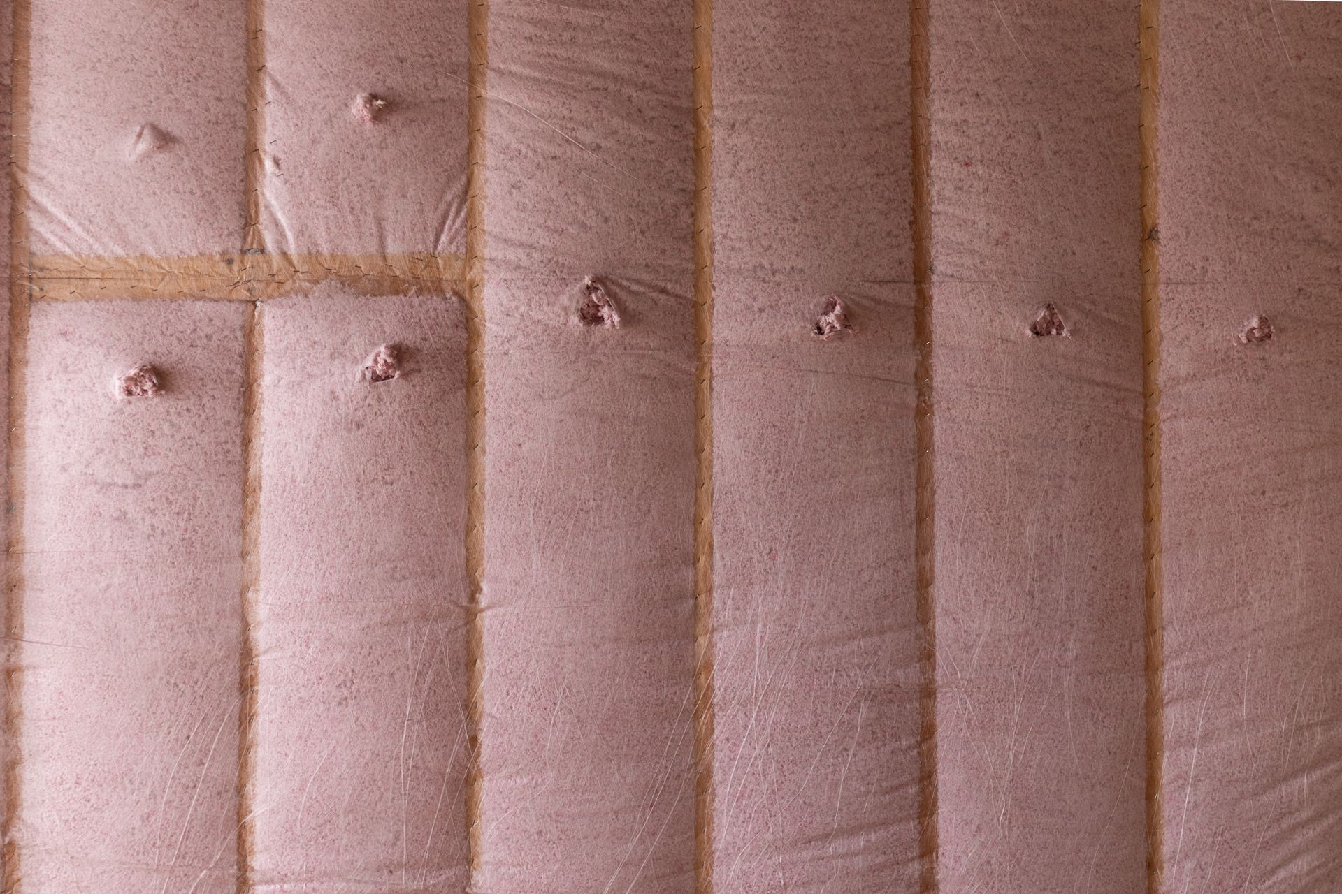 Close-up view of pink insulation with several small, raised bumps and vertical lines.