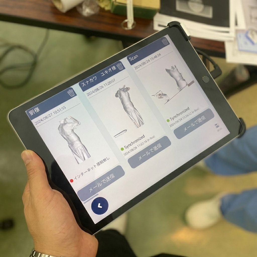 永純 3D 製作砂田背架：平板電腦畫面顯示 3D 掃描建模過程，呈現脊椎側彎背架的立體數位模型與客製化設計數據。