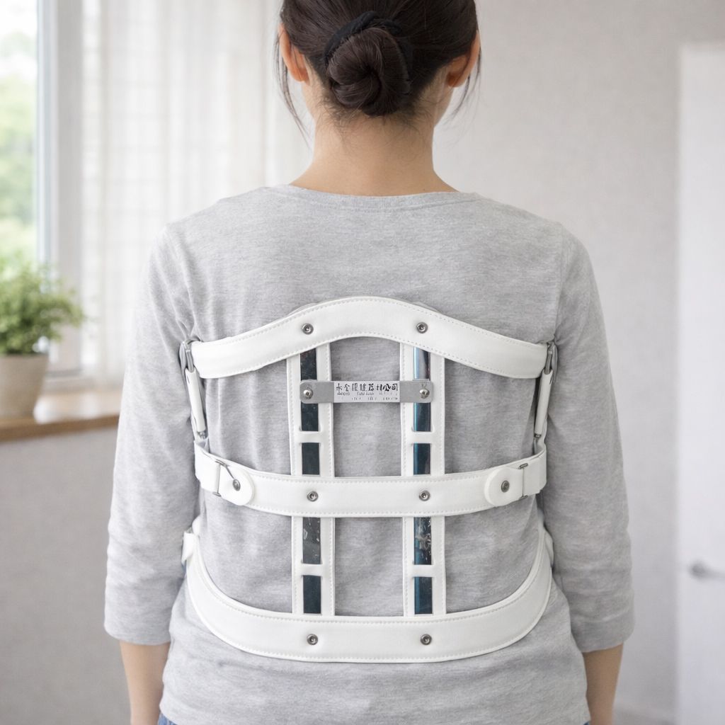 永純騎士短背架 Knight Brace：女性背面圖，展示白色皮革包裹的橫向與縱向金屬支條，提供腰薦椎高強度限位固定。