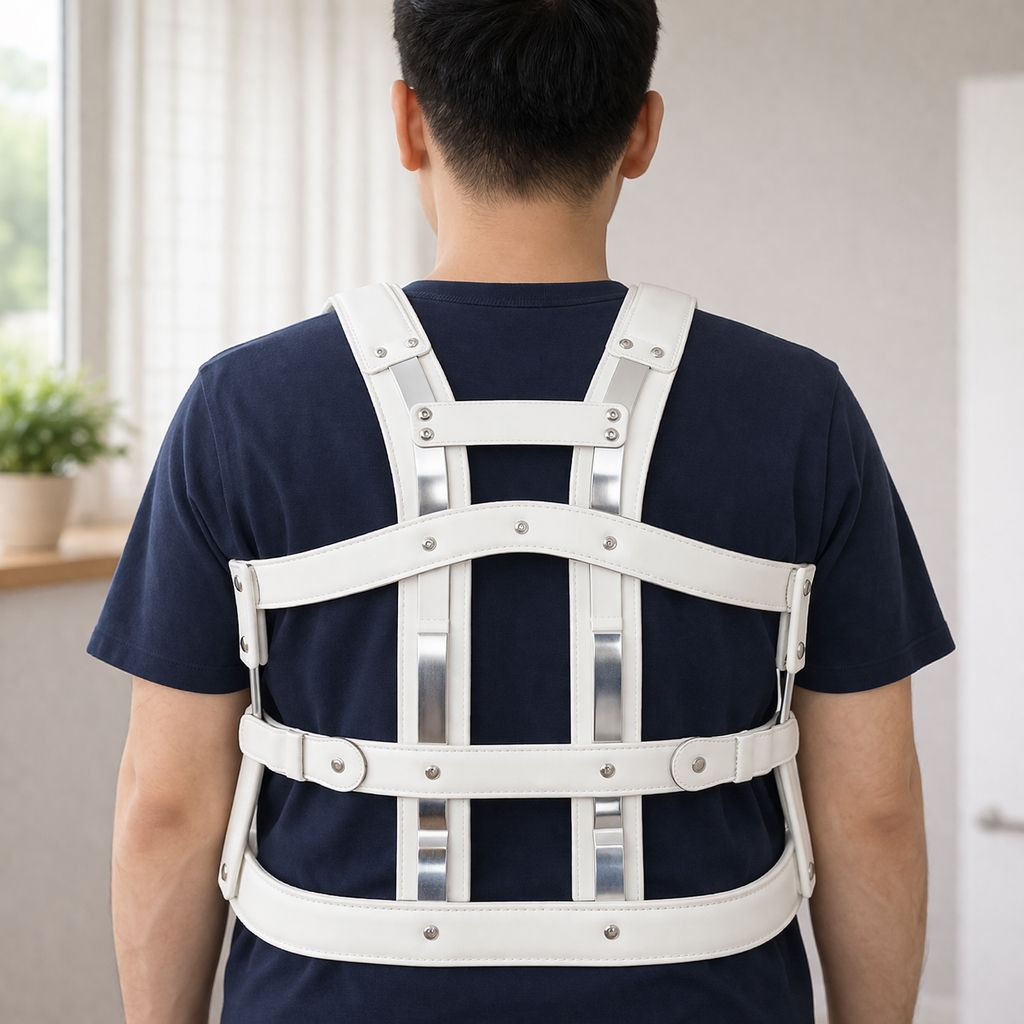 永純泰勒長背架 Knight-Taylor Brace：男性背面圖，呈現從腰部延伸至肩胛骨的白色金屬強化骨架與雙肩背帶結構。