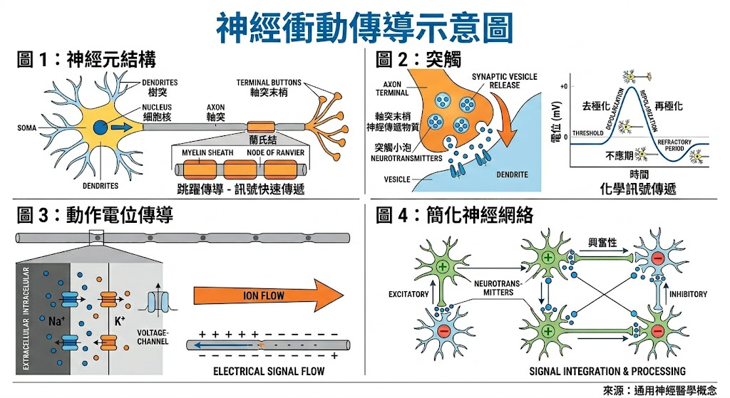 透過四個圖解呈現大腦訊號傳遞的過程：包含神經元的組成構造、神經細胞間如何透過化學物質傳遞訊息、電訊號與離子在神經纖維中的流動方式，以及多個神經元如何組成網路來整合與處理資訊。