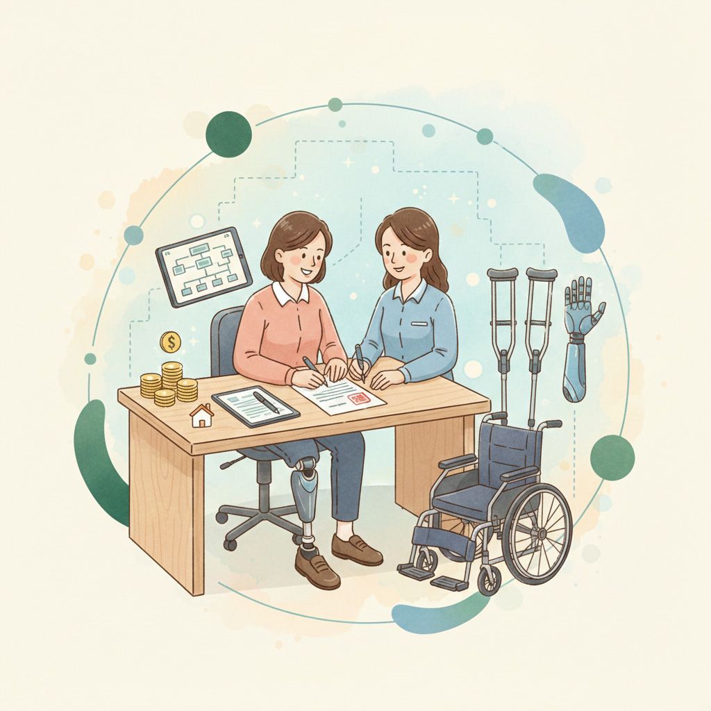 輔具申請諮詢插圖：兩位女性在辦公桌前討論文件，象徵資源整合服務。
