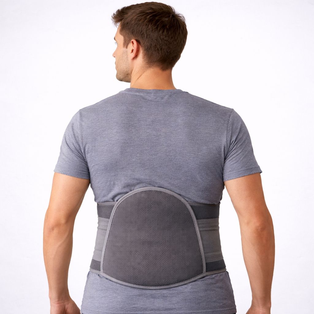 永純滑輪長硬背架 Strength Back Brace：灰色網狀透氣材質，具備加高延伸的後背硬質支撐板，提供脊椎較大範圍的限位保護。