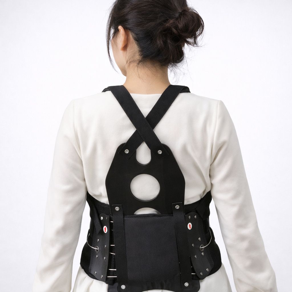 永純複合式背架 YCPO Back Brace：女性背面實穿展示，結合 X 型肩部固定帶與黑色穿孔式硬質背板，提供軀幹直立支撐。