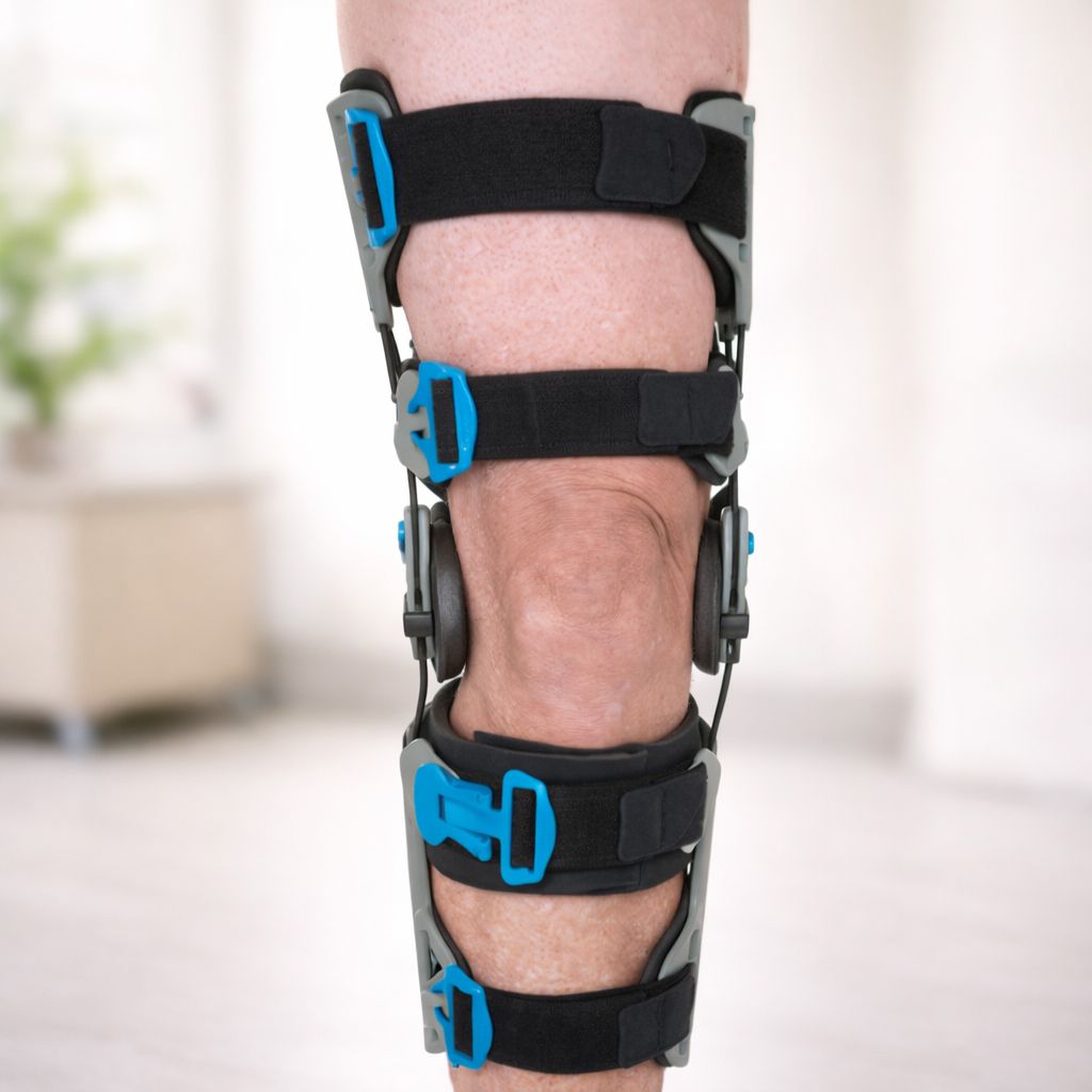 永純輕型動態膝關節護具：正面穿戴特寫，具有黑色束帶與醒目的藍色快拆式扣件，側面配有精簡型角度轉盤。