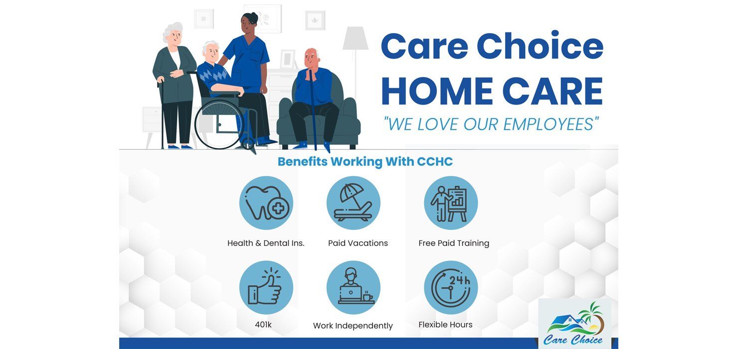 Care Choice Home Care ad with benefits for employees, including dental, PTO, and flexibility.