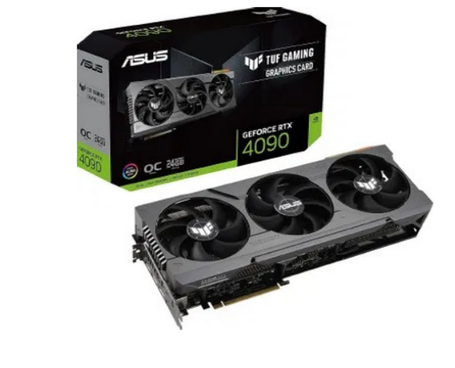 ASUS GeForce RTX 4090 graphics card with triple fans shown beside its retail box