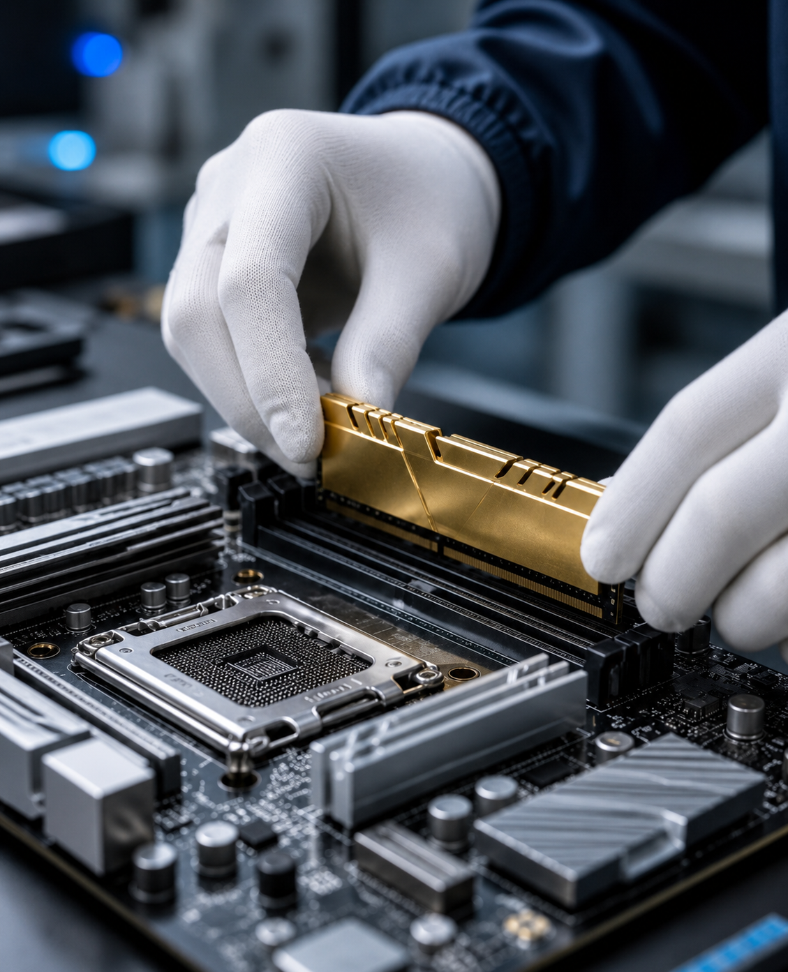 Gloved hands install a gold RAM module into a computer motherboard.