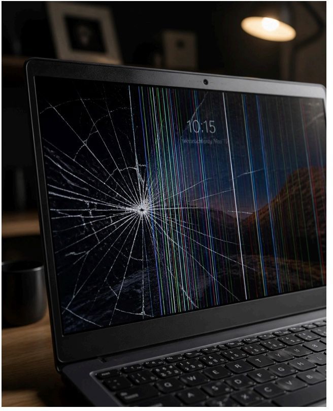 Laptop with a shattered screen showing cracks radiating from a central impact point