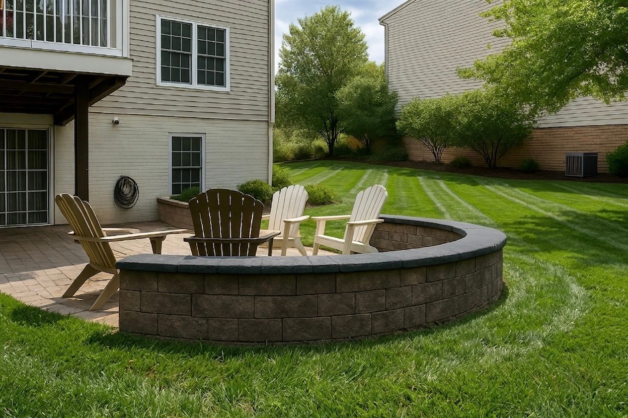 Backyard patio with circular stone fire pit, white chairs, and green lawn beside a house