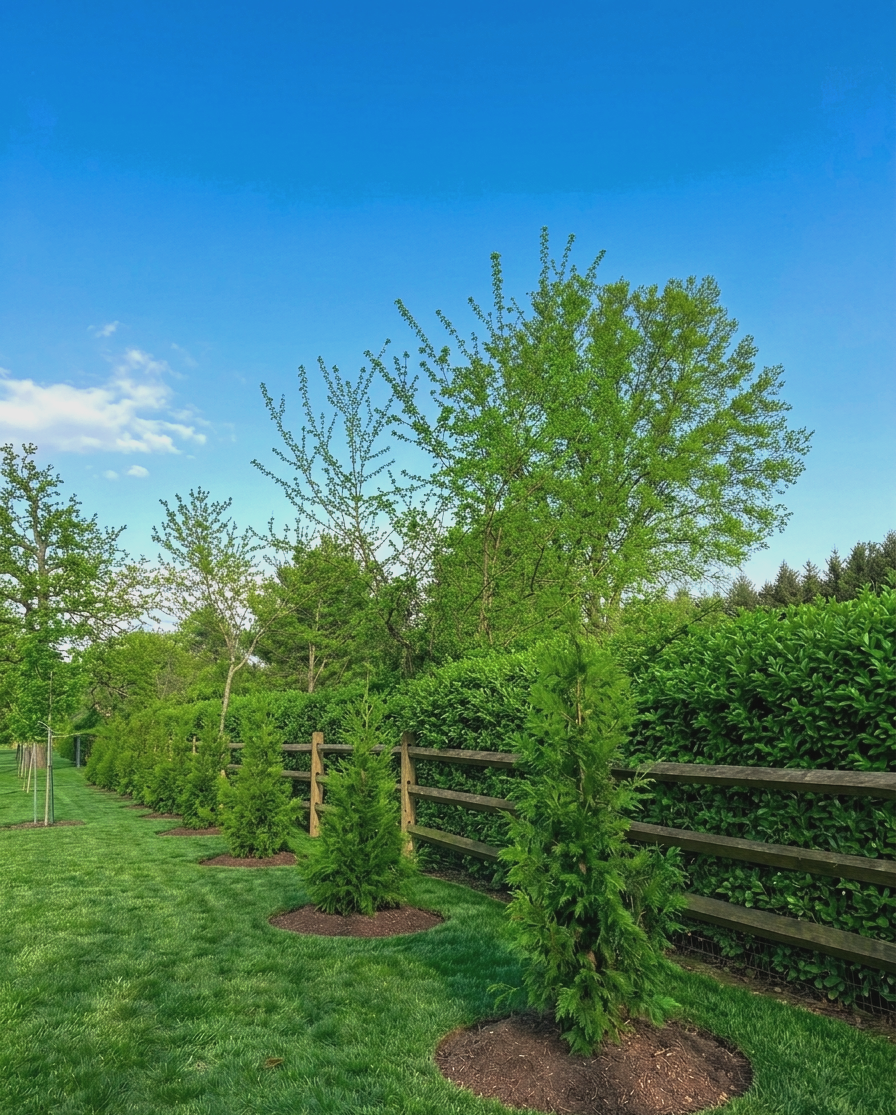 Young trees in black pots lined along a fence under a bright blue sky