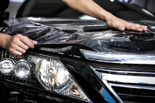 A person’s hands applying a protective clear film to the hood of a black car in a workshop.