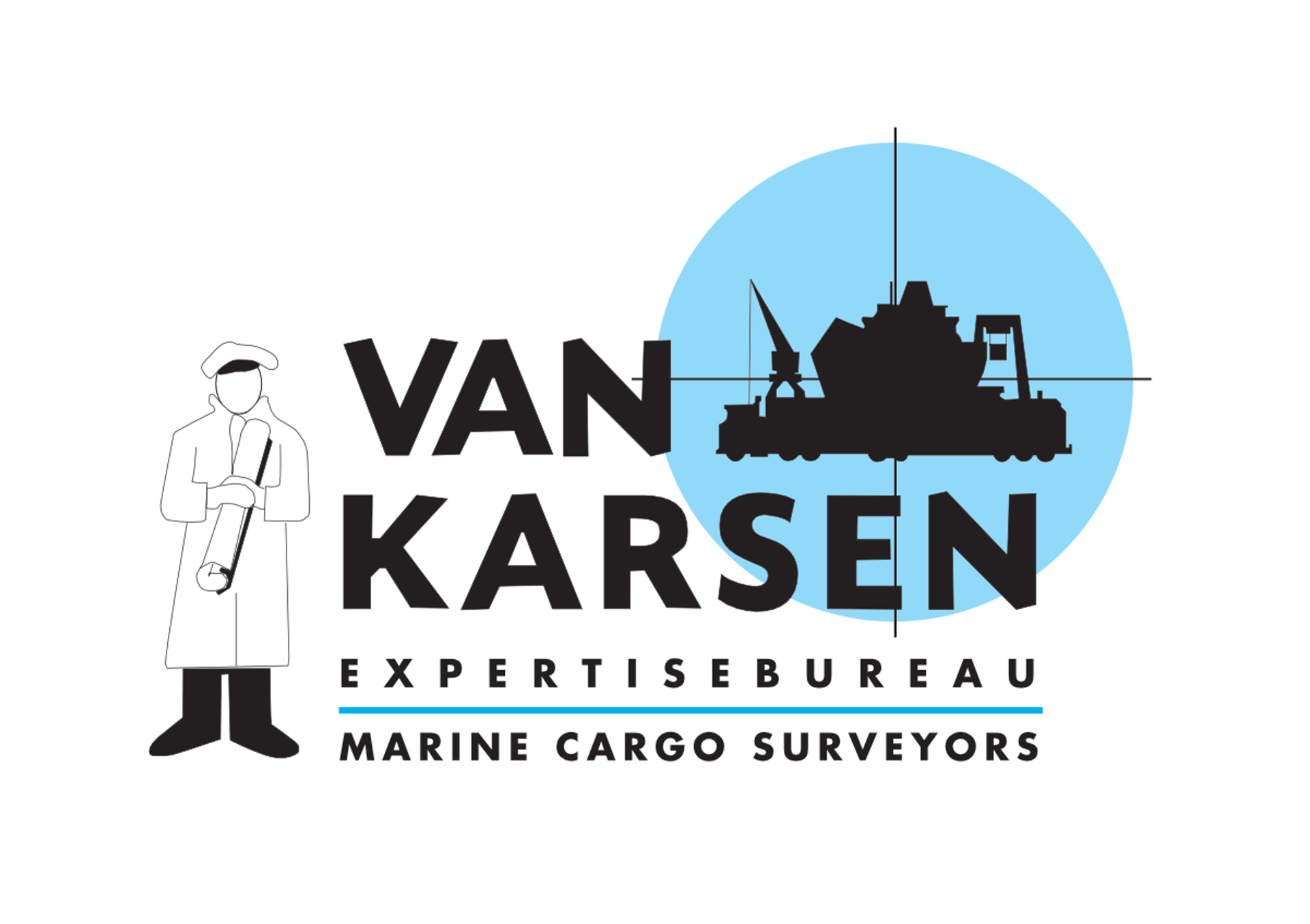 old Logo: Silhouette of a cargo surveyor, text 