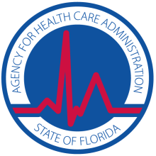 Agency for Health Care Administration, State of Florida logo. Blue circle with a red heartbeat line.