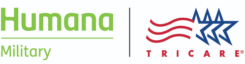 Humana Military and TRICARE logos side-by-side. Humana in green; TRICARE with red stripes and blue stars.