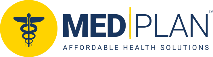 Logo for MedPlan: yellow circle with caduceus symbol, navy text “MED PLAN”, 