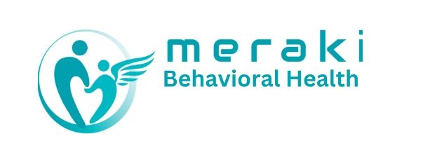Logo for Meraki Behavioral Health. Turquoise figures in a circle with wings, with 