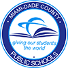 Miami-Dade County Public Schools logo: blue circle with an open book, globe arcs, and text.