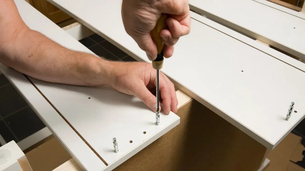A Person screwing together some pieces of furniture.