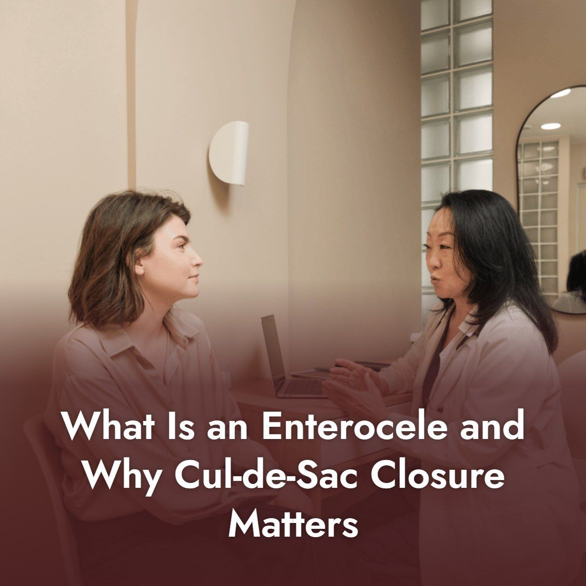 Gynecologist using a pelvic diagram to explain enterocele and cul-de-sac repair to a female patient