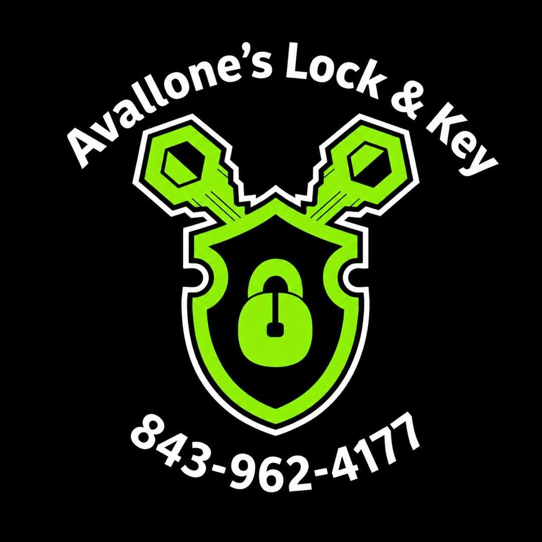 Logo for Avallone's Lock & Key LLC, with green keys, shield, and contact info on black background.