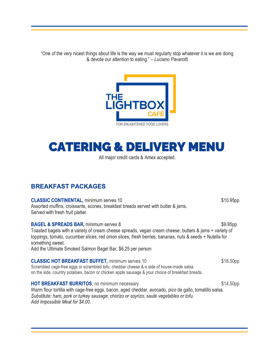A catering and delivery menu for the lightbox cafe.