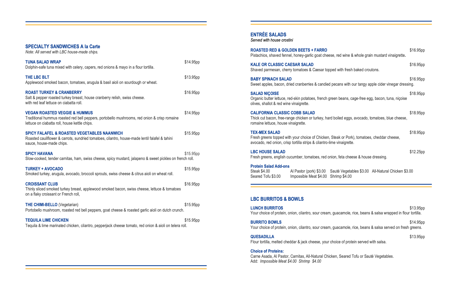 A menu for a restaurant with a lot of food on it