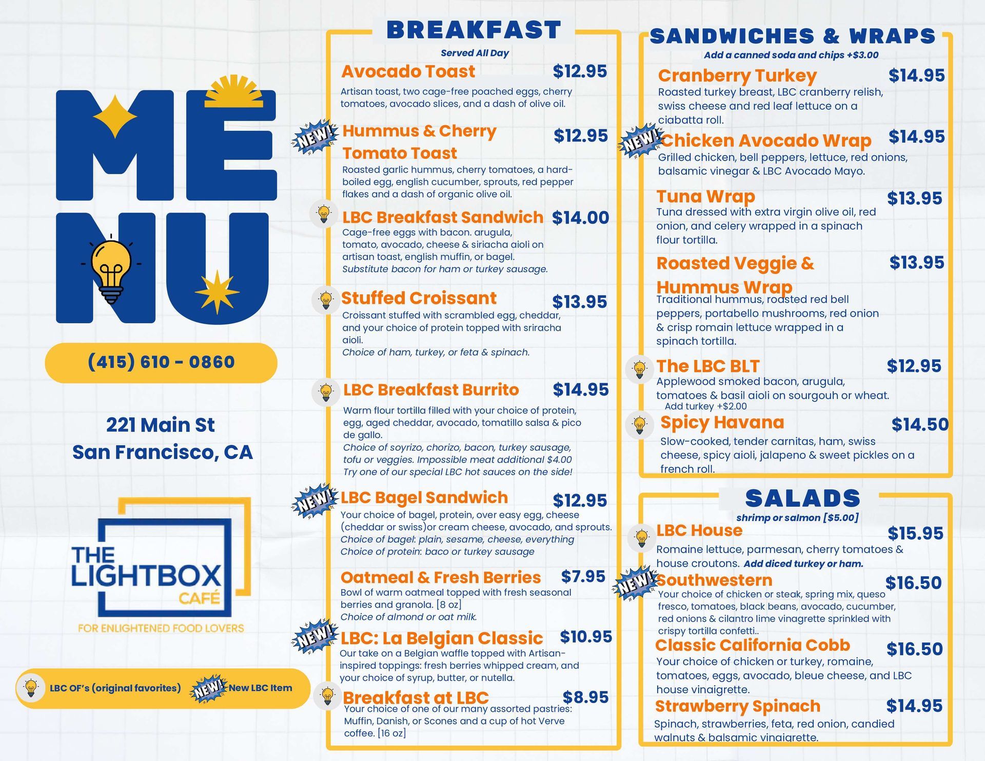 A menu for a restaurant called the lightbox cafe