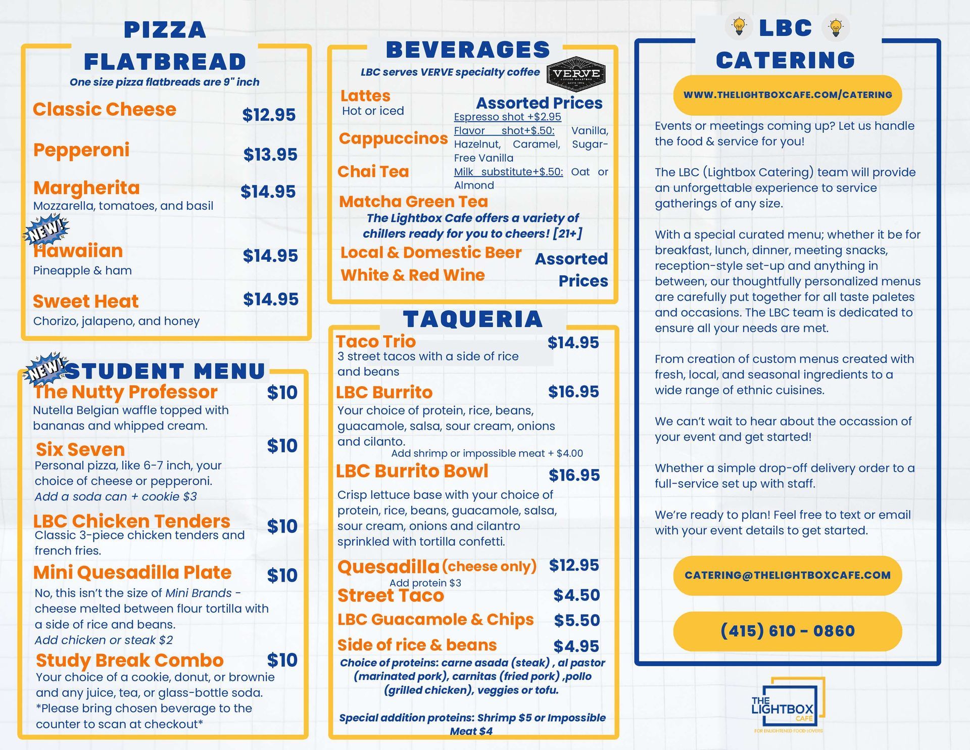 A menu for a restaurant called the lightbox