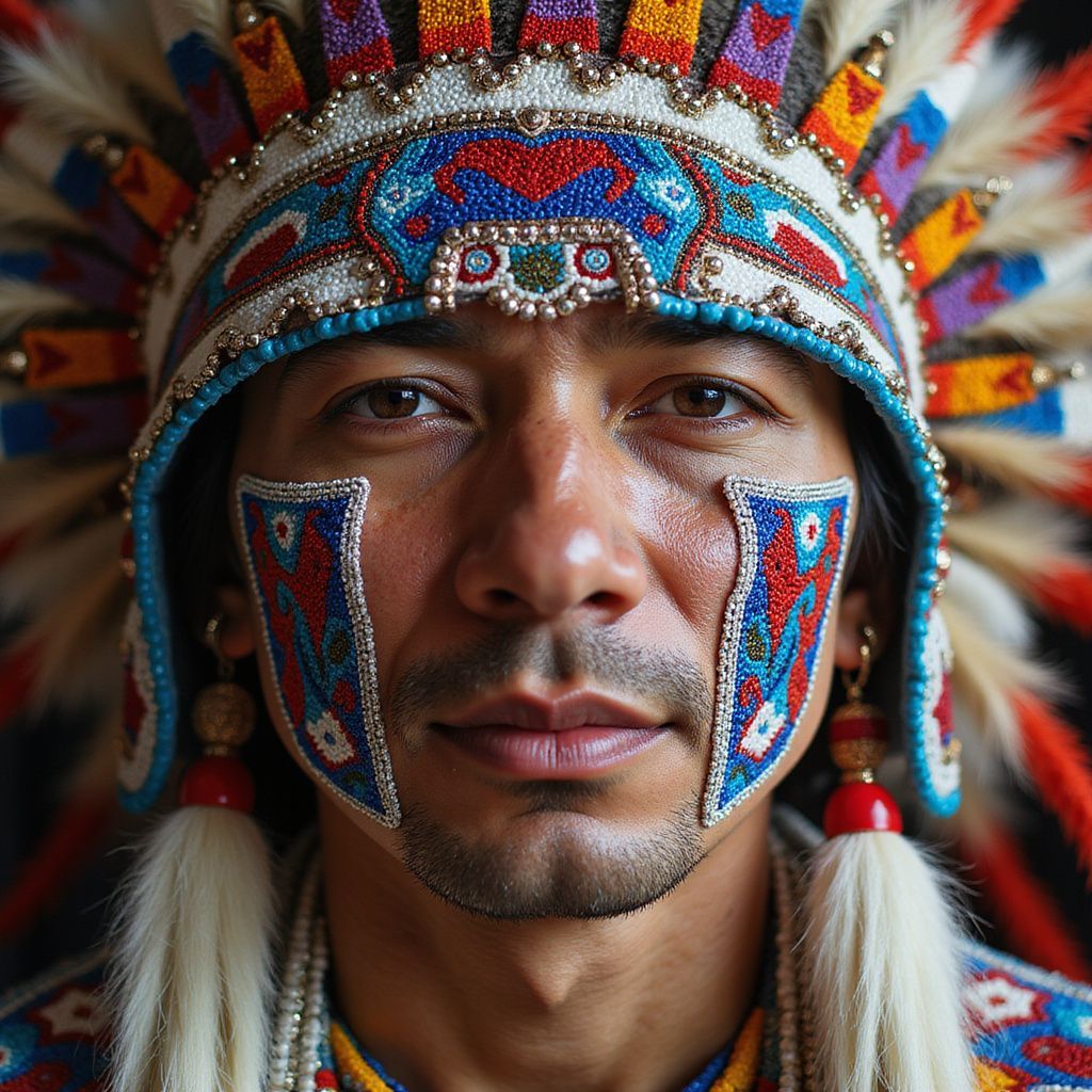 Man wearing elaborate beaded headdress and face paint, looking directly at the viewer.