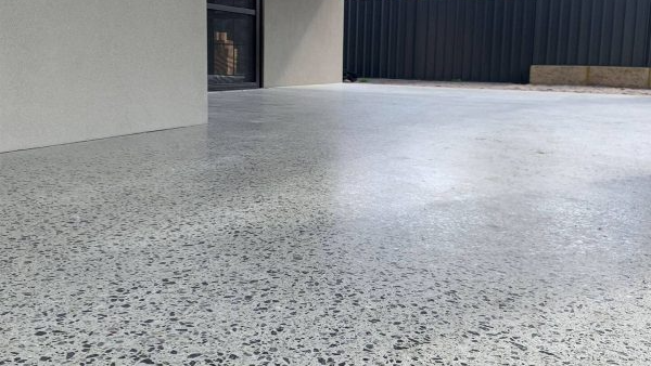 Honed concrete floor in a modern outdoor patio space