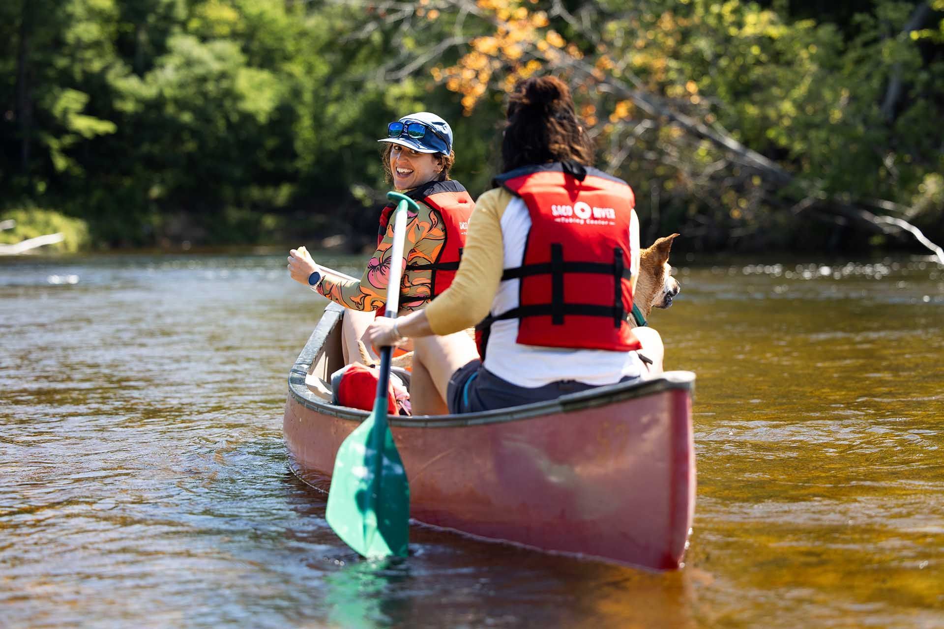 Two People and A Dog Are in A Canoe on A River