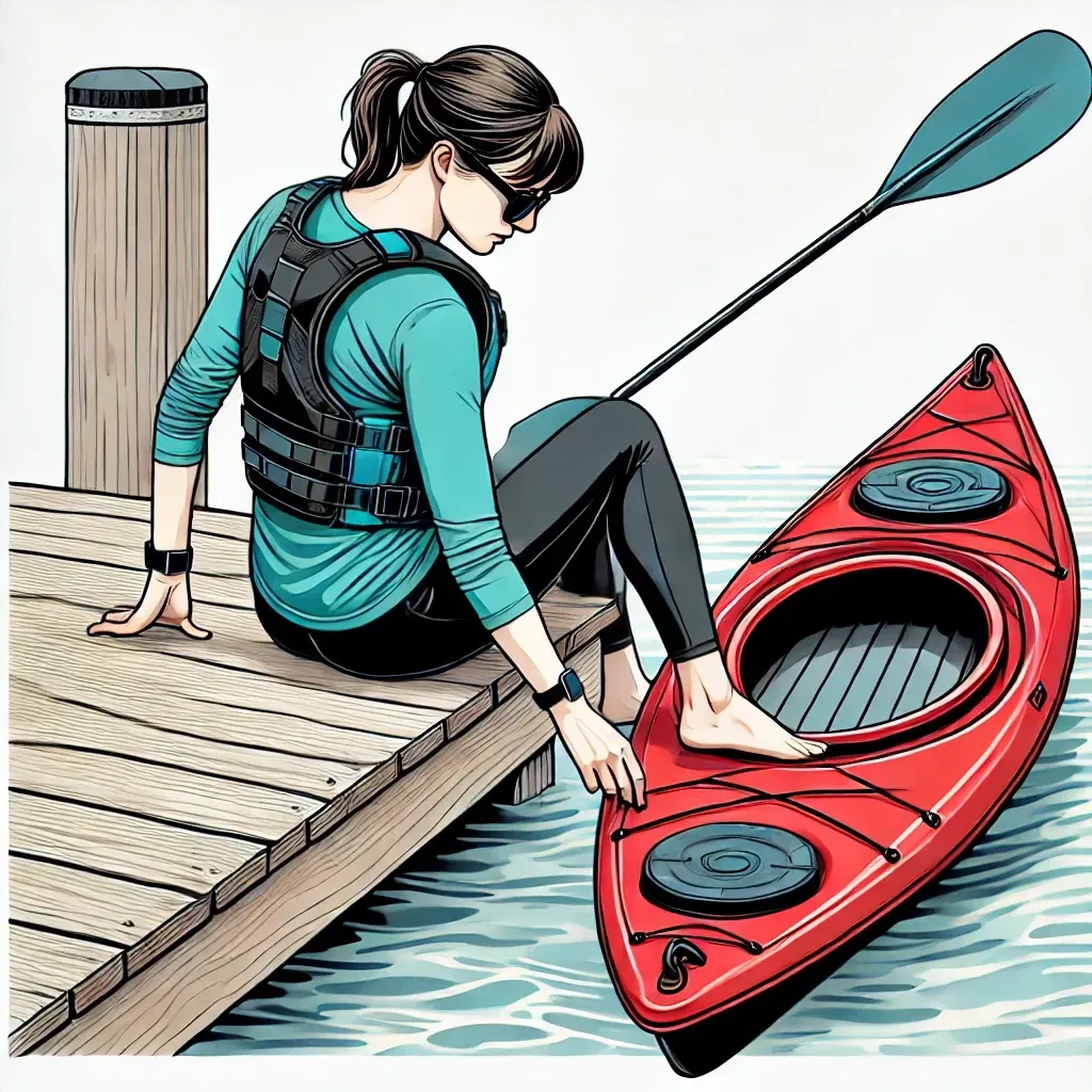 Woman sits on dock, entering red kayak, holding a paddle. Wearing a life vest.