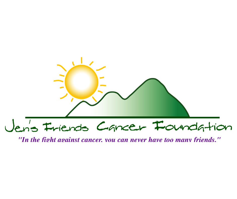 Jen’s Friends Cancer Foundation logo with sun, green hills, and tagline