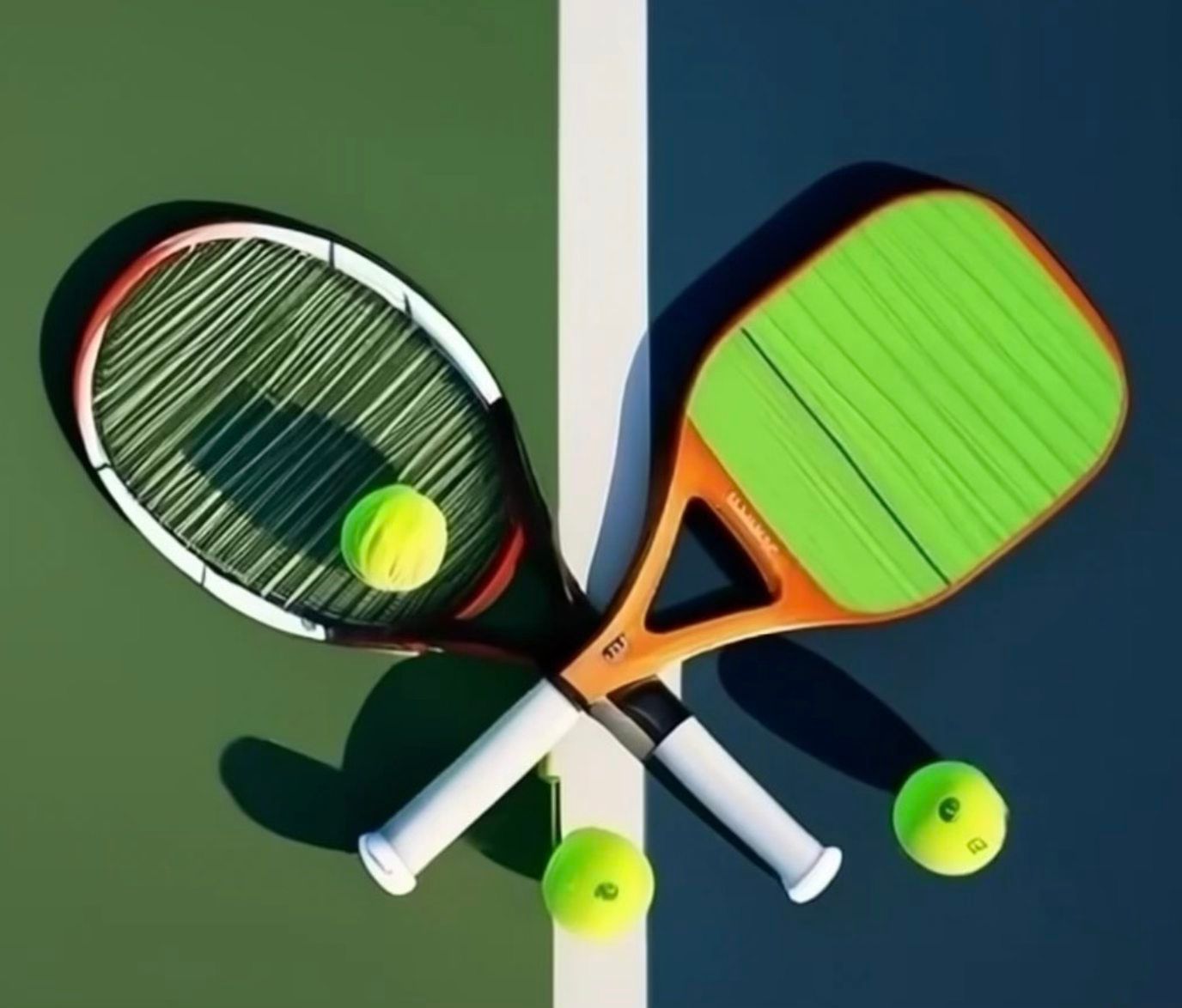 Two crossed pickleball paddles and three neon-green balls on a split green and blue background