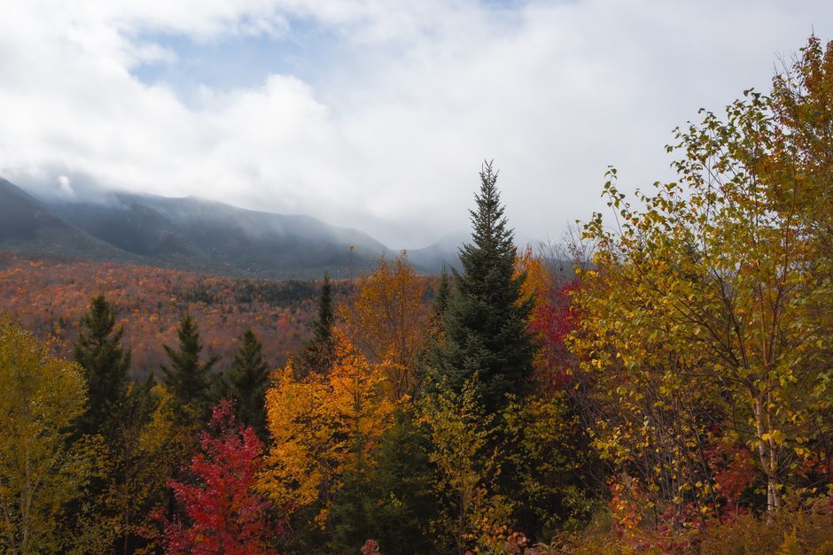 The White Mountains of New Hampshire with forested peaks and a winding river
