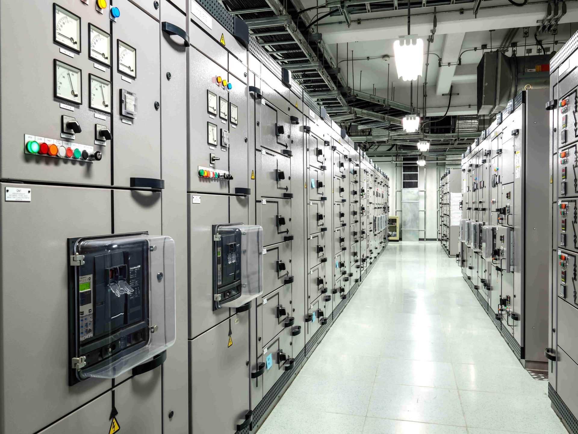 Industrial electrical switch panel at substation in industrial zone at power plant.